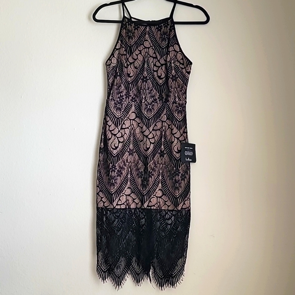 NWT Lulu's Your Love Forever Black Lace Bodycon Midi Dress Size Small